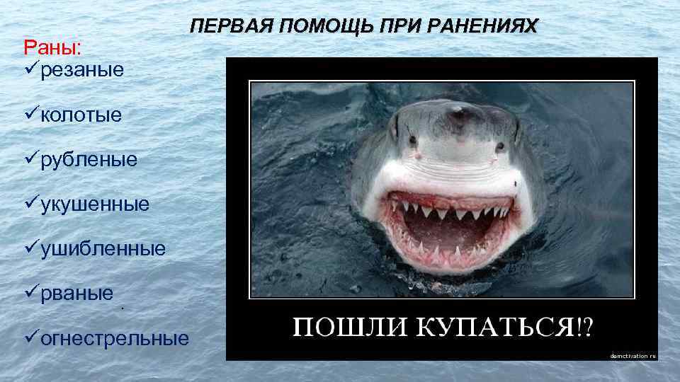 Раны: üрезаные ПЕРВАЯ ПОМОЩЬ ПРИ РАНЕНИЯХ üколотые üрубленые üукушенные üушибленные üрваные. üогнестрельные 