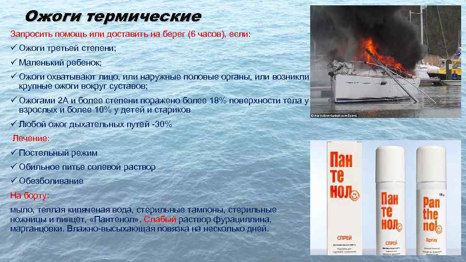 Ожоги термические Запросить помощь или доставить на берег (6 часов), если: ü Ожоги третьей