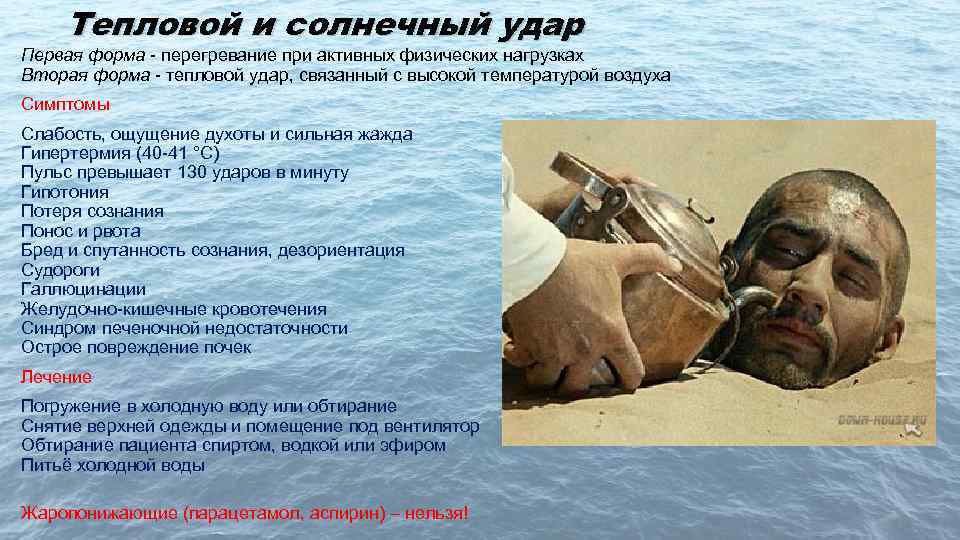 Тепловой и солнечный удар Первая форма - перегревание при активных физических нагрузках Вторая форма