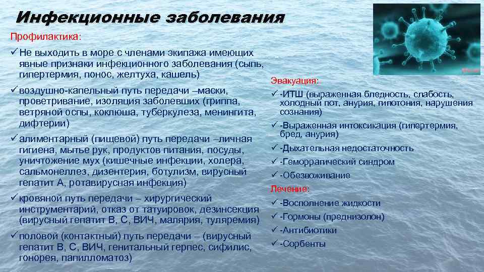 Инфекционные заболевания Профилактика: ü Не выходить в море с членами экипажа имеющих явные признаки