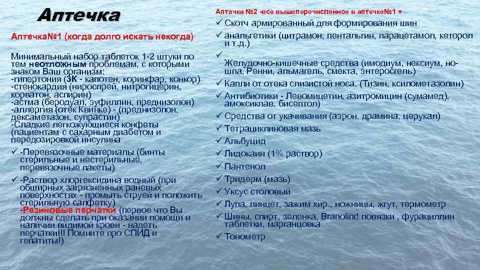 Аптечка№ 1 (когда долго искать некогда) Минимальный набор таблеток 1 -2 штуки по тем