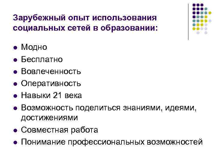 Зарубежный опыт использования социальных сетей в образовании: l l l l Модно Бесплатно Вовлеченность