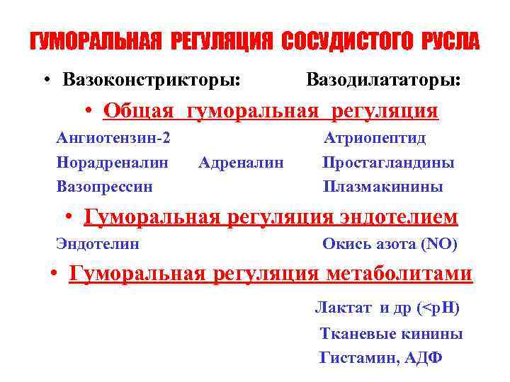 ГУМОРАЛЬНАЯ РЕГУЛЯЦИЯ СОСУДИСТОГО РУСЛА • Вазоконстрикторы: Вазодилататоры: • Общая гуморальная регуляция Ангиотензин-2 Норадреналин Вазопрессин