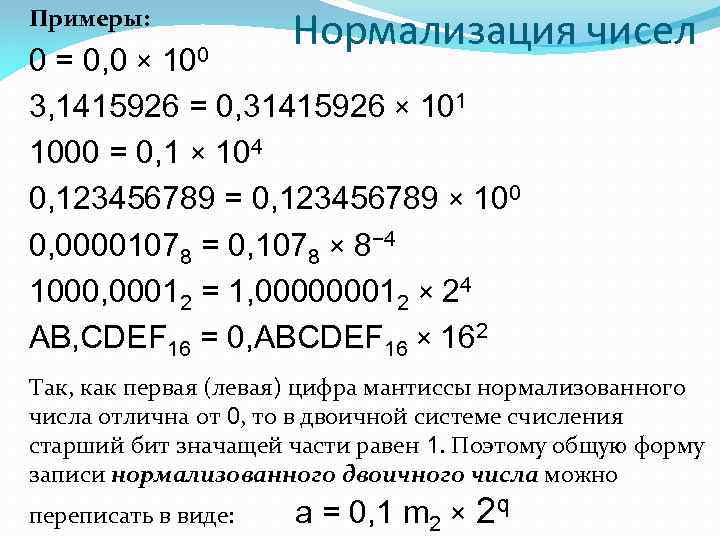 Вид 0. Нормализация числа. Пример ненормализованного числа. Порядок нормализованного числа. Нормализация числа на примере.