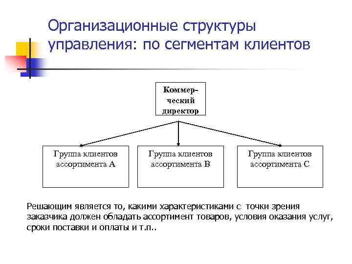 Организационные структуры управления: по сегментам клиентов Коммерческий директор Группа клиентов ассортимента А Группа клиентов
