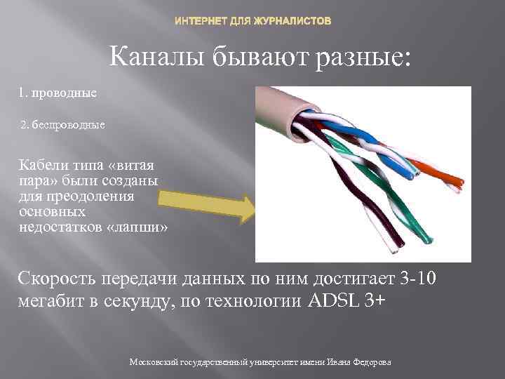 ИНТЕРНЕТ ДЛЯ ЖУРНАЛИСТОВ Каналы бывают разные: 1. проводные 2. беспроводные Кабели типа «витая пара»