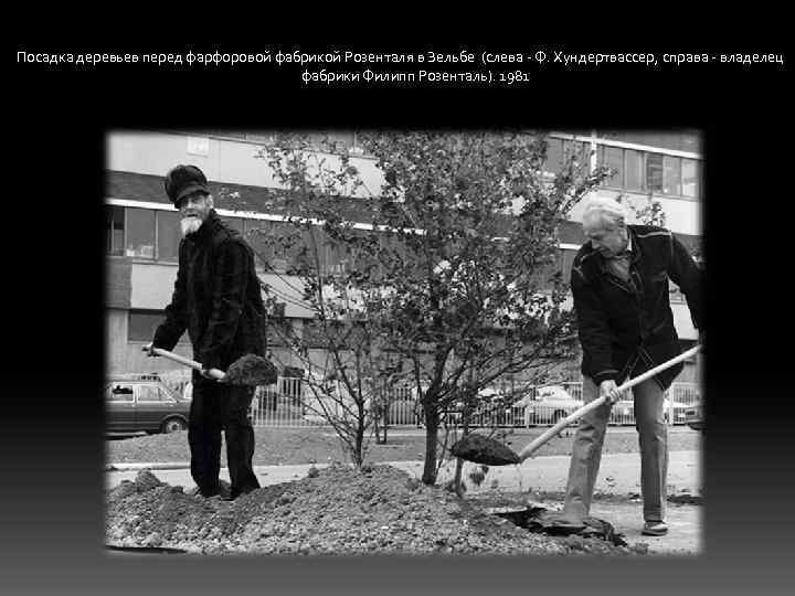 Посадка деревьев перед фарфоровой фабрикой Розенталя в Зельбе (слева - Ф. Хундертвассер, справа -