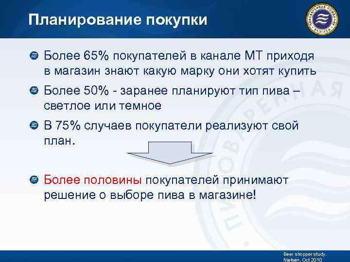 Планирование покупки Более 65% покупателей в канале МТ приходя в магазин знают какую марку