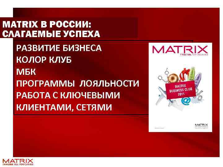 MATRIX В РОССИИ: СЛАГАЕМЫЕ УСПЕХА РАЗВИТИЕ БИЗНЕСА КОЛОР КЛУБ МБК ПРОГРАММЫ ЛОЯЛЬНОСТИ РАБОТА С
