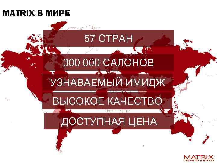 MATRIX В МИРЕ 57 СТРАН 300 000 САЛОНОВ УЗНАВАЕМЫЙ ИМИДЖ ВЫСОКОЕ КАЧЕСТВО ДОСТУПНАЯ ЦЕНА