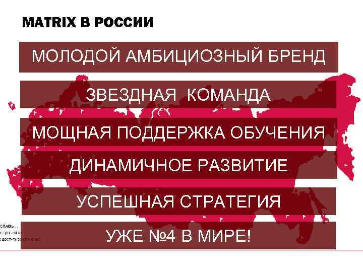 MATRIX В РОССИИ МОЛОДОЙ АМБИЦИОЗНЫЙ БРЕНД ЗВЕЗДНАЯ КОМАНДА МОЩНАЯ ПОДДЕРЖКА ОБУЧЕНИЯ ДИНАМИЧНОЕ РАЗВИТИЕ УСПЕШНАЯ