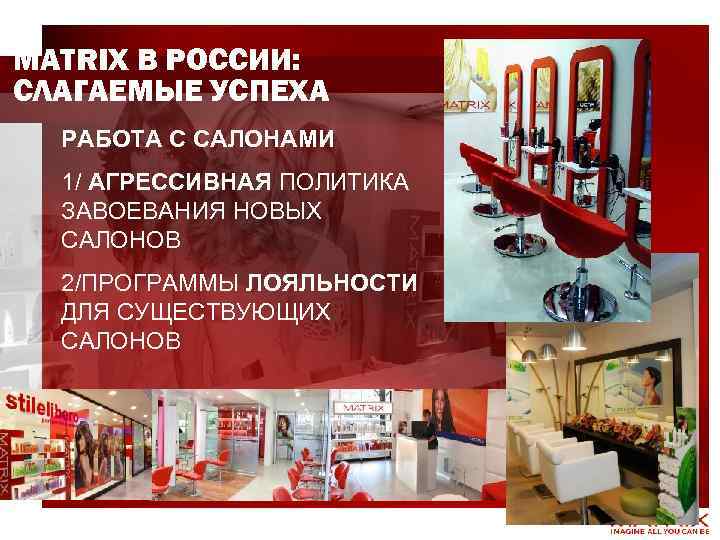 MATRIX В РОССИИ: СЛАГАЕМЫЕ УСПЕХА РАБОТА С САЛОНАМИ 1/ АГРЕССИВНАЯ ПОЛИТИКА ЗАВОЕВАНИЯ НОВЫХ САЛОНОВ