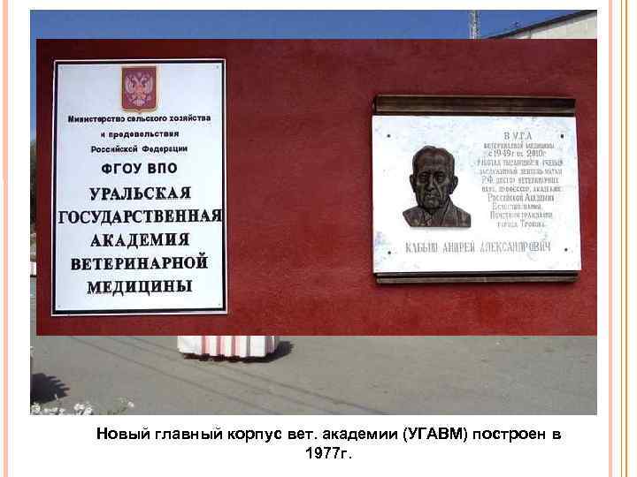 Новый главный корпус вет. академии (УГАВМ) построен в 1977 г. 