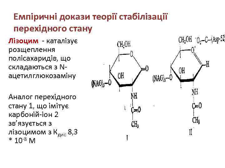 Емпіричні докази теорії стабілізації перехідного стану Лізоцим - каталізує розщеплення полісахаридів, що складаються з