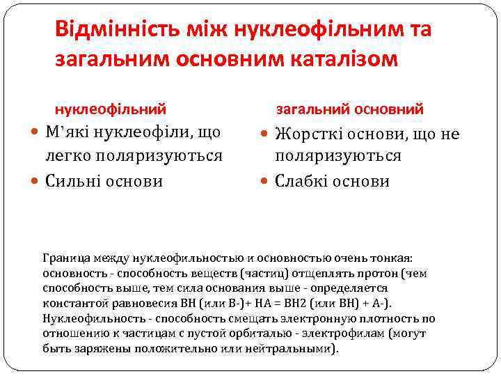 Відмінність між нуклеофільним та загальним основним каталізом нуклеофільний загальний основний М’які нуклеофіли, що Жорсткі