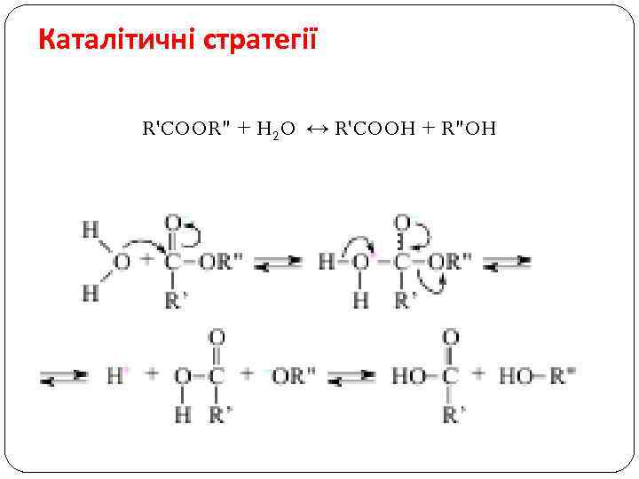 Каталітичні стратегії R'COOR" + H 2 O ↔ R'COOH + R"OH 