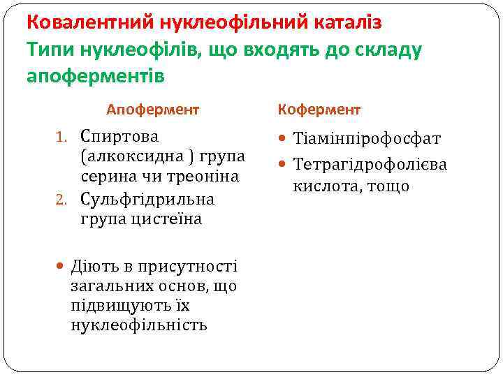 Ковалентний нуклеофільний каталіз Типи нуклеофілів, що входять до складу апоферментів Апофермент 1. Спиртова (алкоксидна