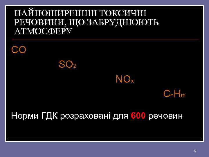 НАЙПОШИРЕНІШІ ТОКСИЧНІ РЕЧОВИНИ, ЩО ЗАБРУДНЮЮТЬ АТМОСФЕРУ CO SO 2 NOx C n. H m