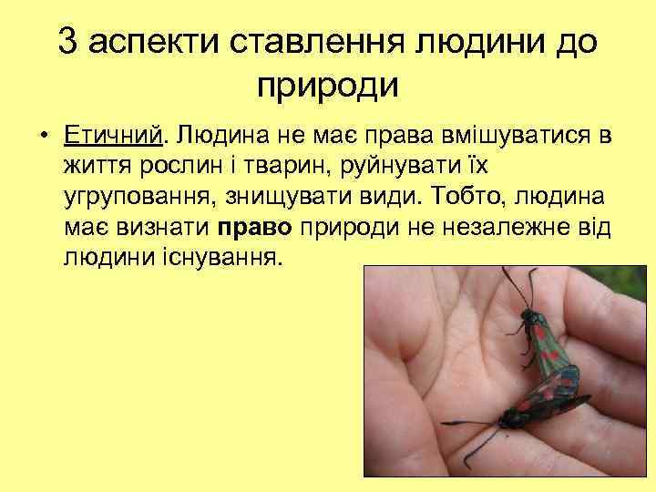 3 аспекти ставлення людини до природи • Етичний. Людина не має права вмішуватися в