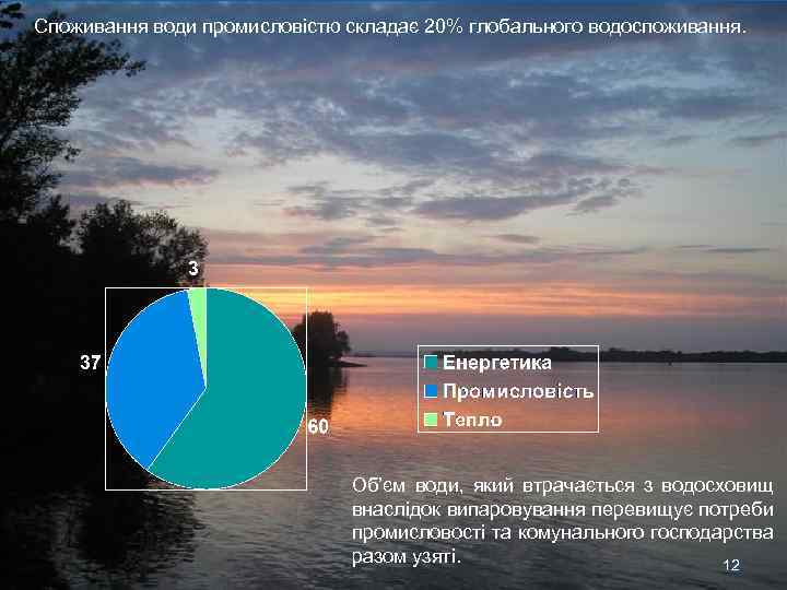 Споживання води промисловістю складає 20% глобального водоспоживання. Oб’єм води, який втрачається з водосховищ внаслідок