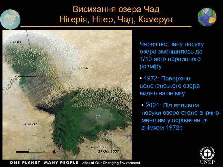 Висихання озера Чад Нігерія, Нігер, Чад, Камерун Через постійну посуху озеро зменшилось до 1/10