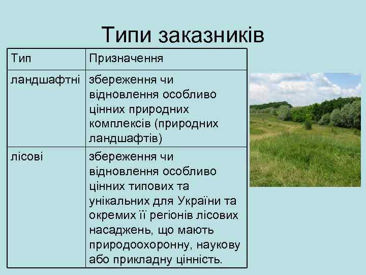 Типи заказників Тип Призначення ландшафтні збереження чи відновлення особливо цінних природних комплексів (природних ландшафтів)