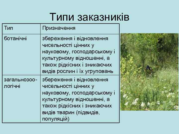 Типи заказників Тип Призначення ботанічні збереження і відновлення чисельності цінних у науковому, господарському і