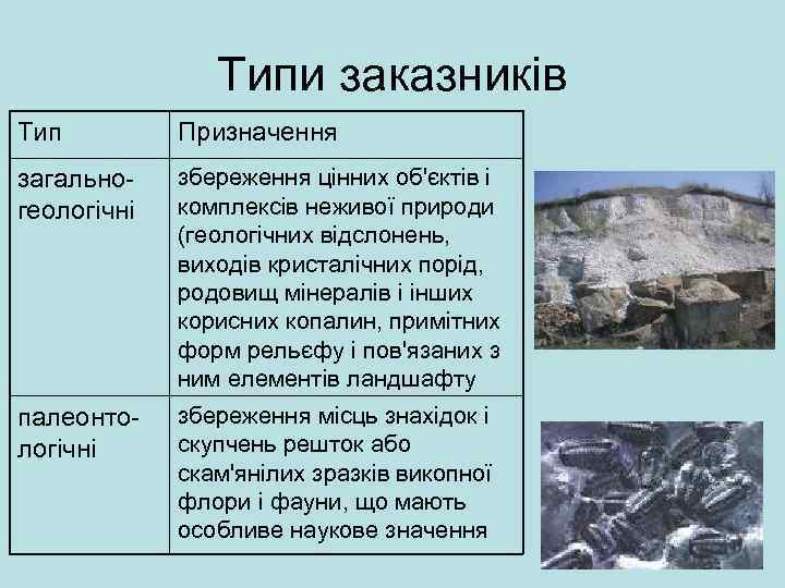 Типи заказників Тип Призначення загальногеологічні збереження цінних об'єктів і комплексів неживої природи (геологічних відслонень,