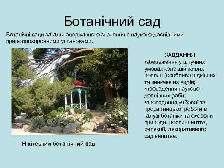 Ботанічний сад Ботанічні сади загальнодержавного значення є науково-дослідними природоохоронними установами. ЗАВДАННЯ • збереження у