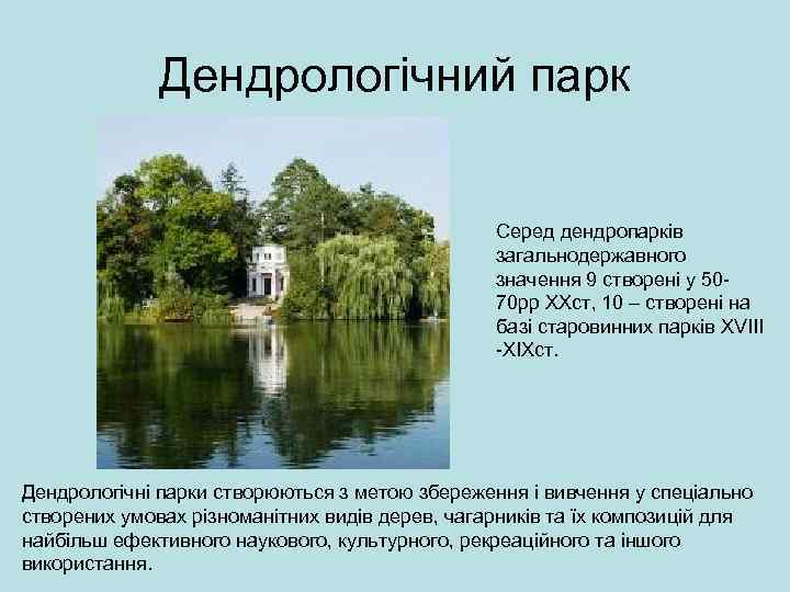 Дендрологічний парк Серед дендропарків загальнодержавного значення 9 створені у 5070 рр ХХст, 10 –