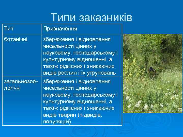 Типи заказників Тип ботанічні Призначення збереження і відновлення чисельності цінних у науковому, господарському і