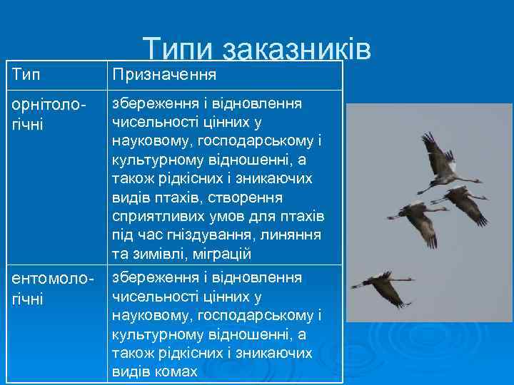 Типи заказників Тип Призначення орнітологічні збереження і відновлення чисельності цінних у науковому, господарському і