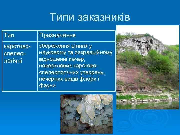 Типи заказників Тип Призначення карстовоспелеологічні збереження цінних у науковому та рекреаційному відношенні печер, поверхневих