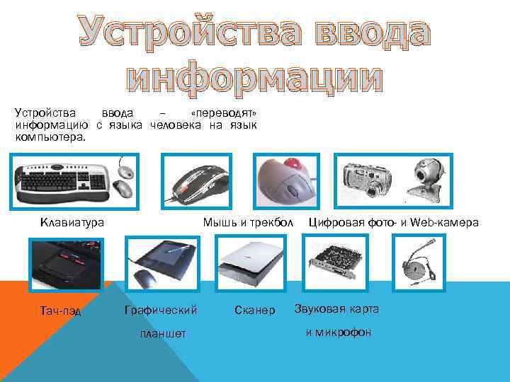 Устройства ввода информации Устройства ввода – «переводят» информацию с языка человека на язык компьютера.
