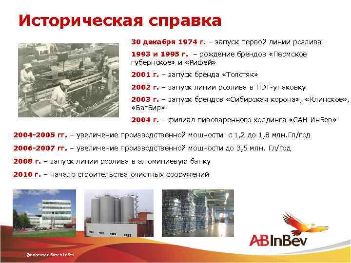 Историческая справка 30 декабря 1974 г. – запуск первой линии розлива 1993 и 1995