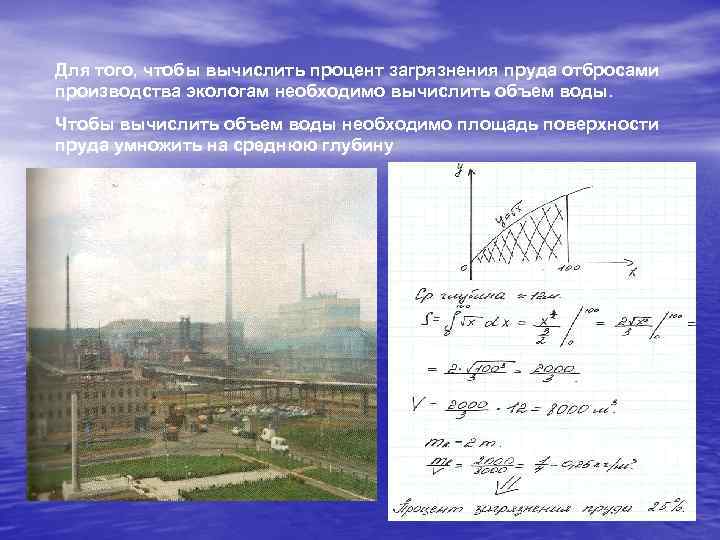 Для того, чтобы вычислить процент загрязнения пруда отбросами производства экологам необходимо вычислить объем воды.