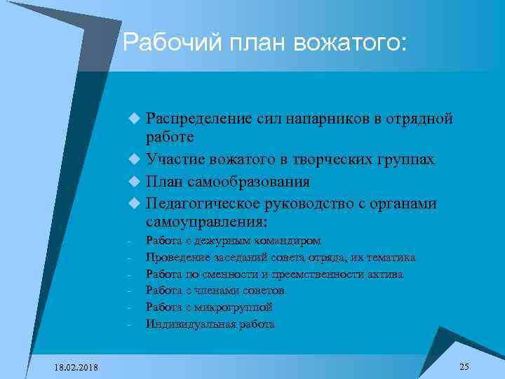 Рабочий план вожатого: u Распределение сил напарников в отрядной работе u Участие вожатого в