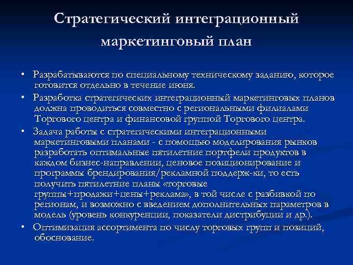 Стратегический интеграционный маркетинговый план • Разрабатываются по специальному техническому заданию, которое готовится отдельно в