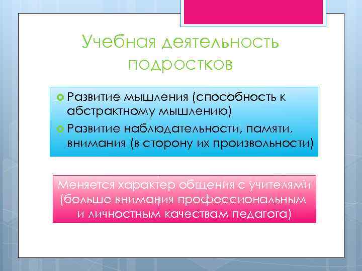 Учебная деятельность подростков Развитие мышления (способность к абстрактному мышлению) Развитие наблюдательности, памяти, внимания (в