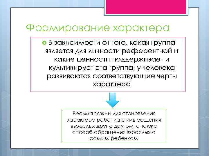 Формирование характера В зависимости от того, какая группа является для личности референтной и какие