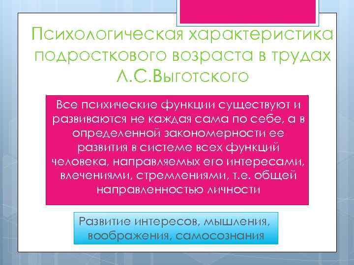 Психологическая характеристика подросткового возраста в трудах Л. С. Выготского Все психические функции существуют и