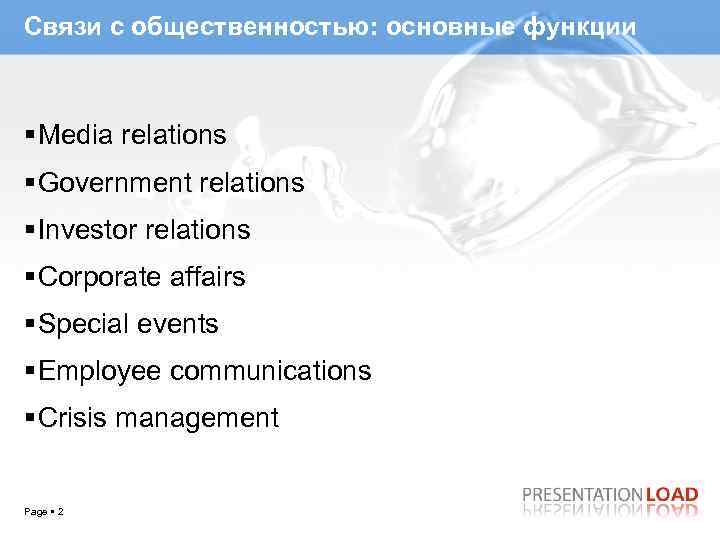 Связи с общественностью: основные функции Media relations Government relations Investor relations Corporate affairs Special