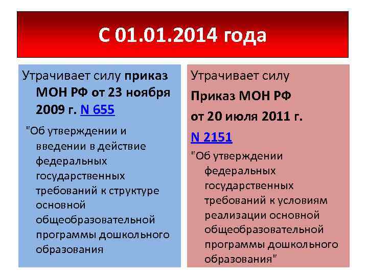 С 01. 2014 года Утрачивает силу приказ МОН РФ от 23 ноября 2009 г.