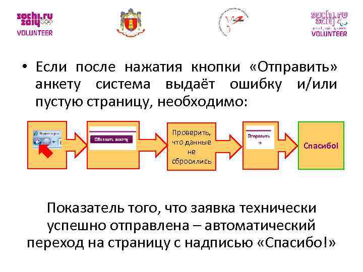  • Если после нажатия кнопки «Отправить» анкету система выдаёт ошибку и/или пустую страницу,