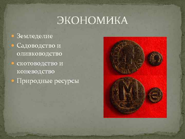 ЭКОНОМИКА Земледелие Садоводство и оливководство скотоводство и коневодство Природные ресурсы 