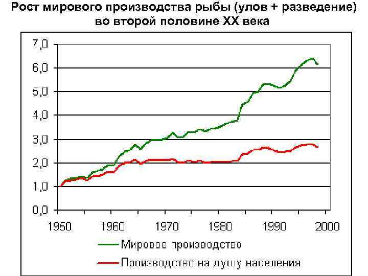 Рост мирового производства рыбы (улов + разведение) во второй половине ХХ века 