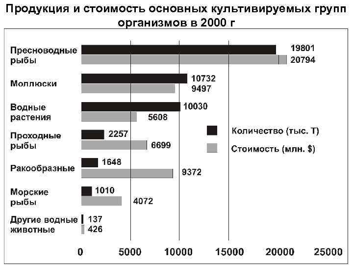 Продукция и стоимость основных культивируемых групп организмов в 2000 г 