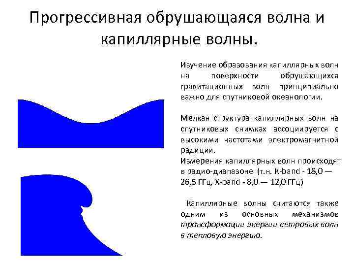 Прогрессивная обрушающаяся волна и капиллярные волны. Изучение образования капиллярных волн на поверхности обрушающихся гравитационных