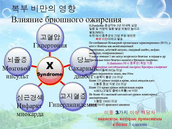 복부 비만의 영향 Влияние брюшного ожирения 고혈압 Гипертония 뇌졸증 Мозговой инсульт X Syndrome X-Syndrome