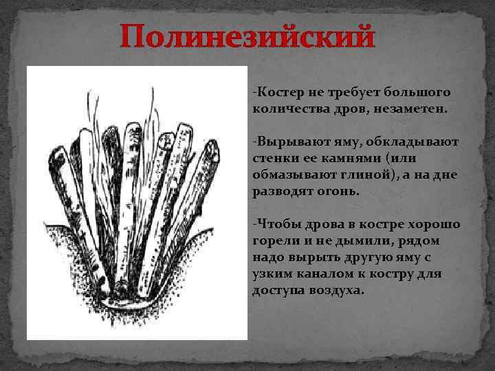 Полинезийский -Костер не требует большого количества дров, незаметен. -Вырывают яму, обкладывают стенки ее камнями